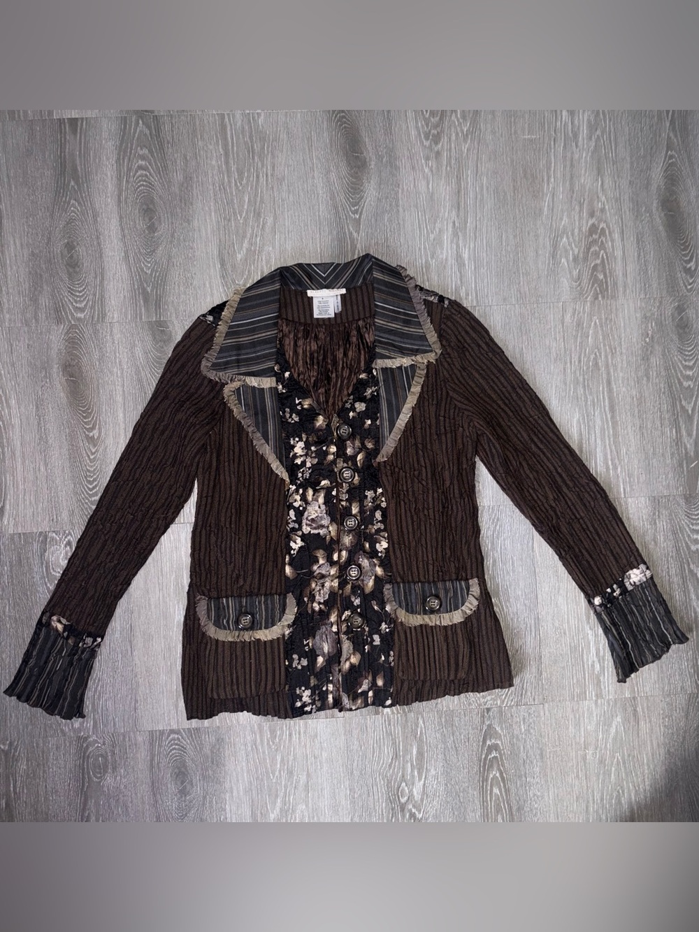 Alberto Makali Brown Textured Blazer with Floral-Print Trim